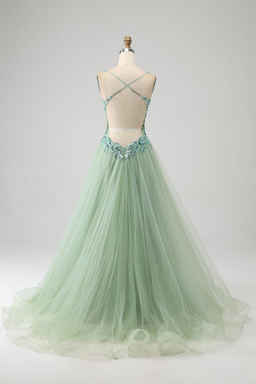 Splendido abito da ballo lungo verde chiaro con scollo a V a linea A con applicazioni